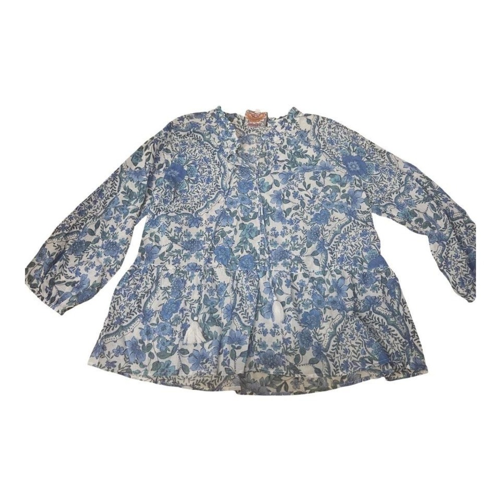 Johnny Was Blue Floral Peplum Blouse Tassel Tie Split Neck Long Sleeve Top L - Picture 3 of 7